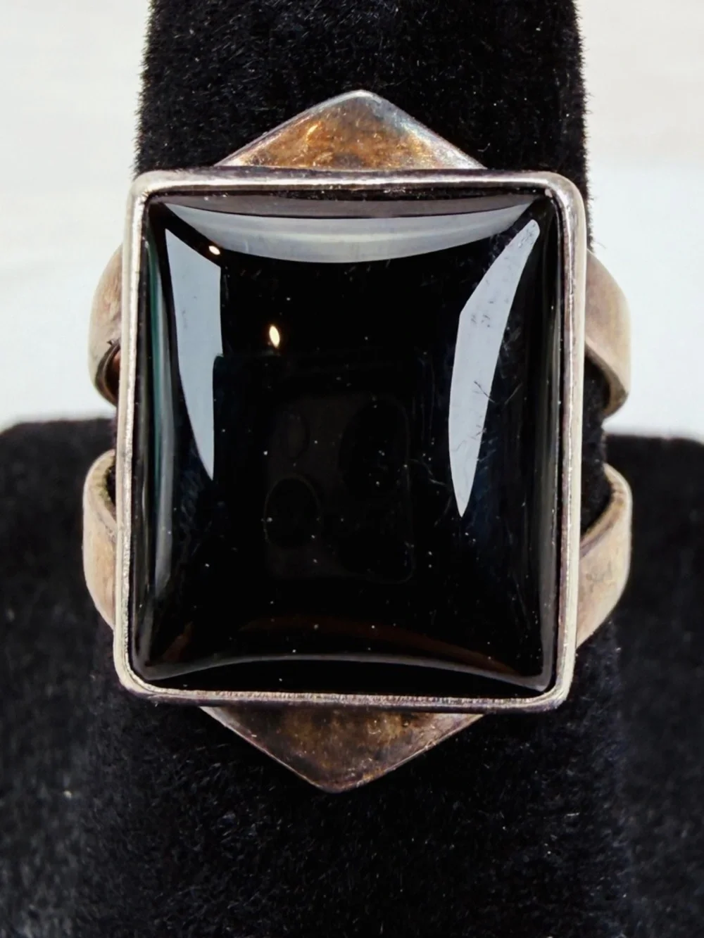 Vintage aged silver stamped OP 925 onyx size 5 3/4 ring